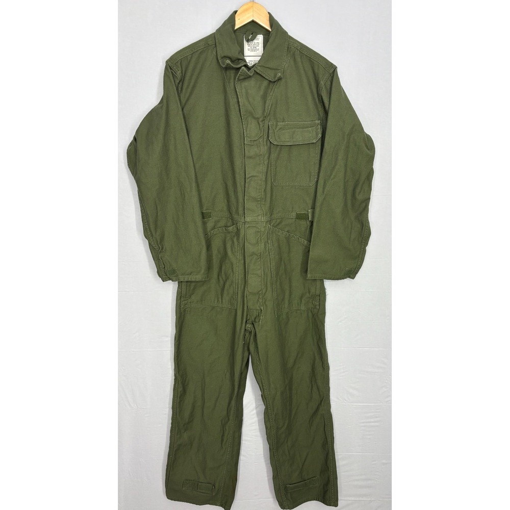 US Army Coveralls Men Olive Green Cotton Sateen Long Sleeve Pocket Vintage FRESH